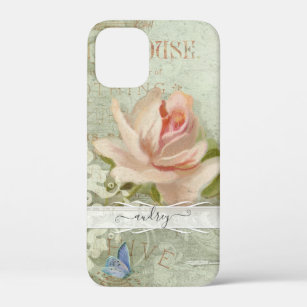 Vintage Blush Pink Roses Painted Butterfly w Name iPhone 12 Mini Case