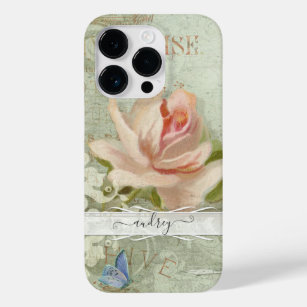 Vintage Blush Pink Roses Painted Butterfly w Name Case-Mate iPhone 14 Pro Case