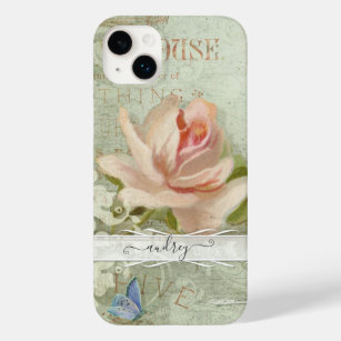 Vintage Blush Pink Roses Painted Butterfly w Name Case-Mate iPhone 14 Plus Case