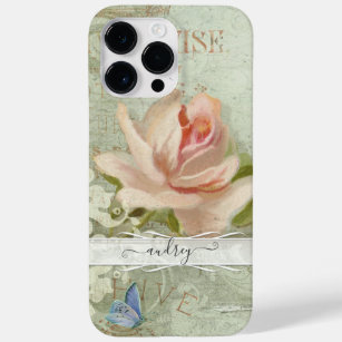 Vintage Blush Pink Roses Painted Butterfly w Name Case-Mate iPhone 14 Pro Max Case