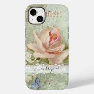 Vintage Blush Pink Roses Painted Butterfly w Name Case-Mate iPhone 14 Plus Case