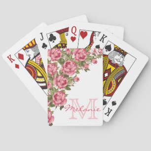 Vintage blush pink roses Peonies name, monogram Playing Cards