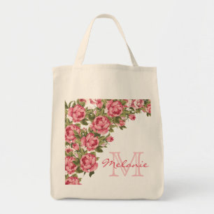 Vintage blush pink roses Peonies name, monogram Tote Bag