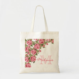 Vintage blush pink roses Peonies name, monogram Tote Bag