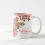 Vintage blush pink roses Peonies name, monogram Two-Tone Coffee Mug<br><div class="desc">Personalised, Lovely Vintage blush pink roses Peonies watercolor flower bouquet name and monogram on white background. Beautiful image of pink peony flowers from the garden with green foliage. The peony or paeony is a flowering plant in the genus Paeonia, the only genus in the family Paeoniaceae. They are native to...</div>