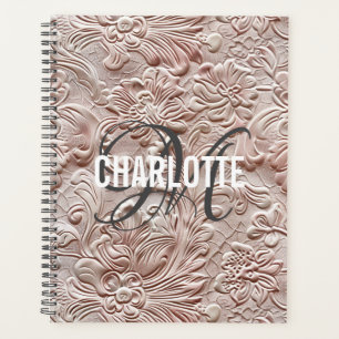 Vintage blush pink tooled leather monogram name planner