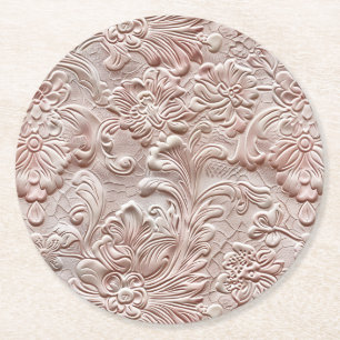 Vintage blush pink tooled leather round paper coaster