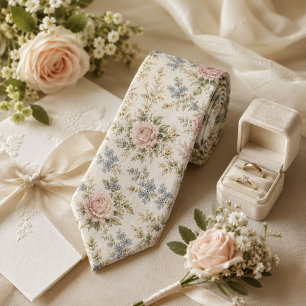 Vintage Blush Rose & Blue Floral Wedding Tie