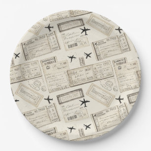 Vintage Boarding Pass Travel Pattern Paper Plate