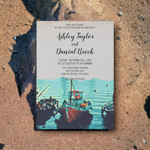 Vintage boats navy seaside destination wedding invitation