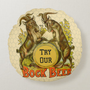 Vintage Bock Beer Poster: Antique Goat Saloon Bar Round Cushion