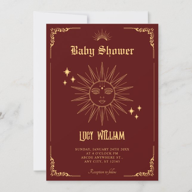 Vintage Bohemian art mystical sun baby shower Invitation (Front)