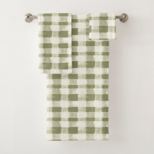 Vintage Bohemian Watercolor Plaid in Moss Green Bath Towel Set
