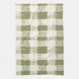 Vintage Bohemian Watercolor Plaid in Moss Green Tea Towel