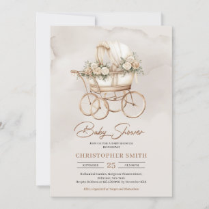 Vintage boho baby carriage neutral sage floral invitation