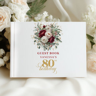 Vintage Boho Burgundy 80th Birthday Guest Book