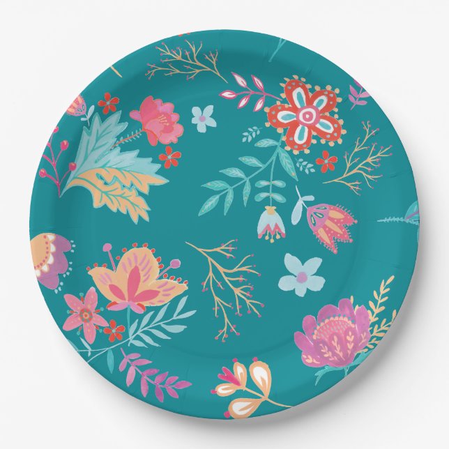 Vintage Boho Chic Floral Birthday Paper Plate (Front)
