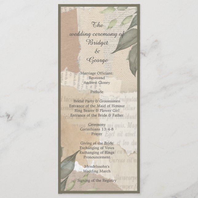 vintage boho chic greenery program & menu (Back)