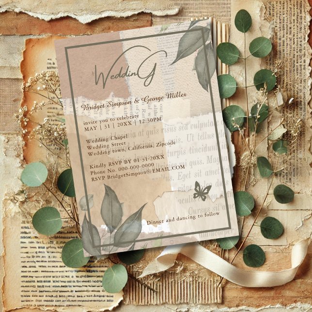 Vintage boho chic greenery wedding monogram  invitation (Creator Uploaded)
