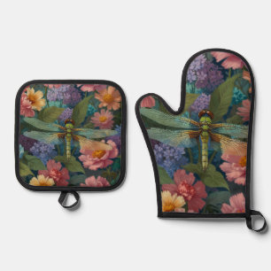 Vintage boho chic pastel floral garden dragonfly oven mitt & pot holder set