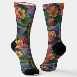 Vintage boho chic pastel floral garden dragonfly  socks