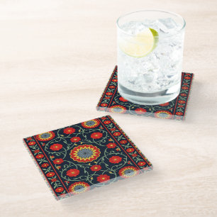 Vintage Boho Crimson Folk Art Floral Rug Glass Coaster