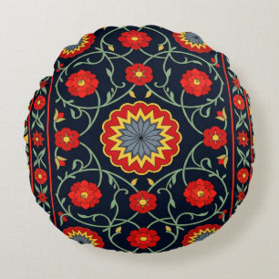 Vintage Boho Crimson Folk Art Floral Rug Round Cushion