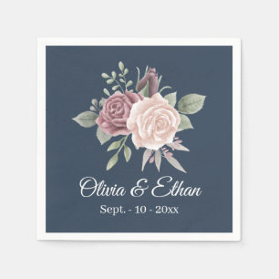 Vintage Boho Dusty Rose Floral Navy Wedding Napkin