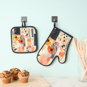 Vintage Boho Floral Patchwork Oven Mitt & Pot Holder Set