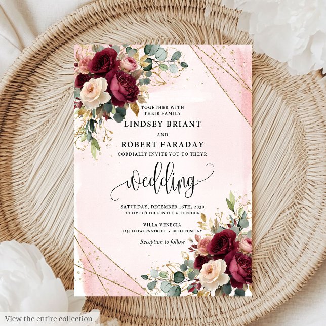 Vintage Boho Maroon Gold Blush Flowers Wedding  Invitation (Vintage Boho Maroon Gold Blush Flowers Wedding Invitation)