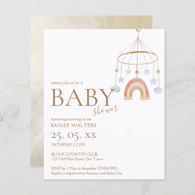 Vintage boho mobile budget baby shower invitation (Front/Back)