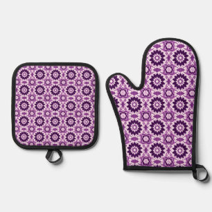 Vintage Boho Purple Geometric Floral Pattern Oven Mitt & Pot Holder Set
