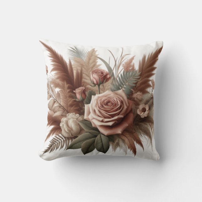 Vintage Boho rose flowers with pampas grass Cushion (Front)