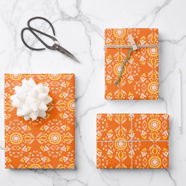 Vintage Boho Shapes Pattern in Orange and Yellow Wrapping Paper Sheet (Front)