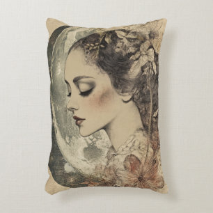Vintage Boho Sideview Woman and Crescent Moon Decorative Cushion