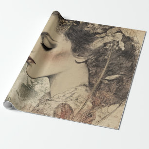 Vintage Boho Sideview Woman and Crescent Moon Wrapping Paper