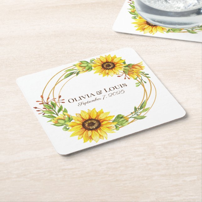 Vintage boho wedding sunflowers romantic  square paper coaster (Angled)