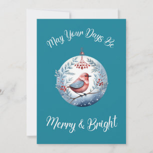 Vintage Boho Whimsical Bird Cool Blues Christmas Holiday Card