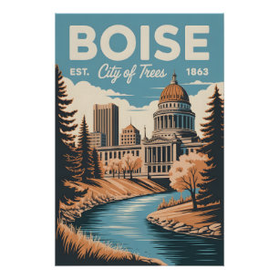 Vintage Boise Idaho City of Trees Retro Travel Poster