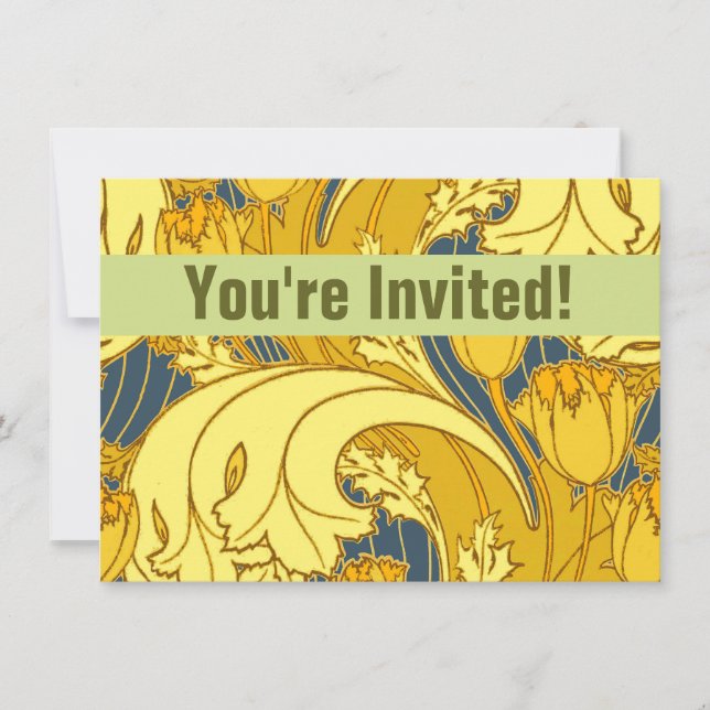 Vintage Bold Tulip Blue Gold Pattern Invitation (Front)
