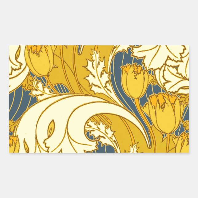 Vintage Bold Tulip Blue Gold Pattern Rectangular Sticker (Front)