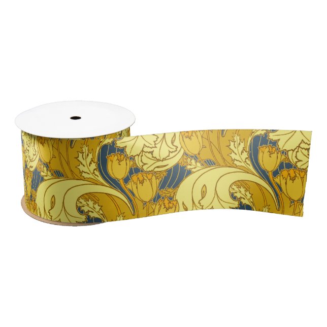 Vintage Bold Tulip Blue Gold Pattern Satin Ribbon (Spool)