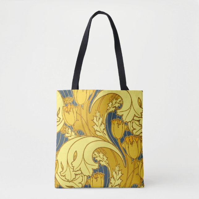 Vintage Bold Tulip Blue Gold Pattern Tote Bag (Front)