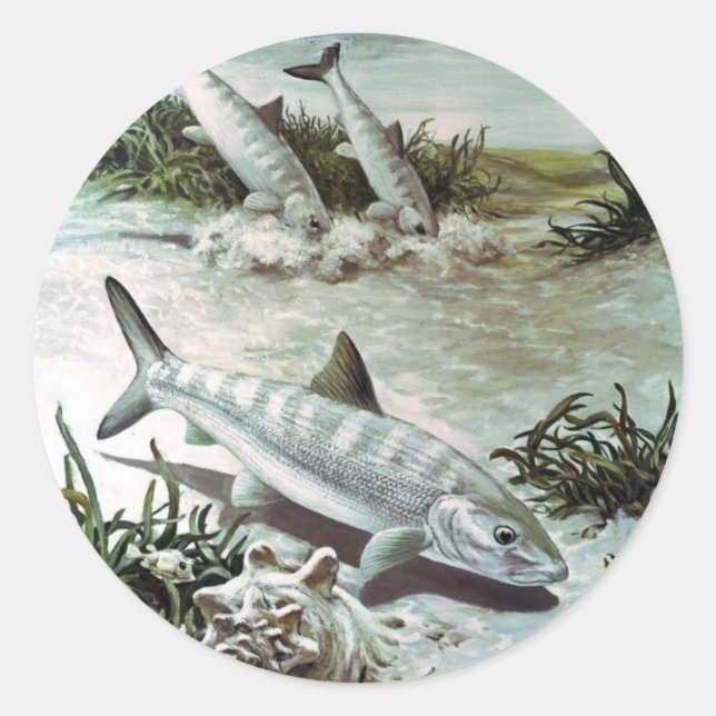 Vintage Bonefish Underwater Scene Classic Round Sticker (Front)