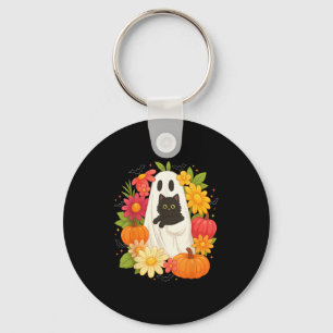 Vintage Boo Halloween Ghost Floral Black Cat Groov Key Ring