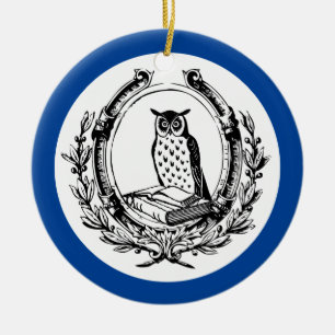 Vintage Book Bookplate Owl Blue Ceramic Ornament