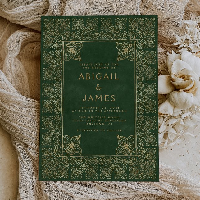 Vintage Book Green Gold Wedding Invitation (A unique choice for a vintage green and gold themed wedding.)