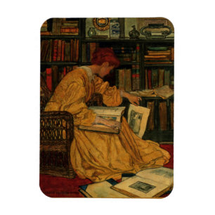 Vintage Book Lover Art Print Art Nouveau Woman Magnet