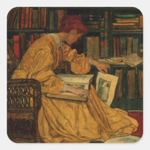Vintage Book Lover Art Print   Art Nouveau Woman  Square Sticker