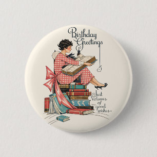 Vintage Book Lover Birthday Illustration 6 Cm Round Badge